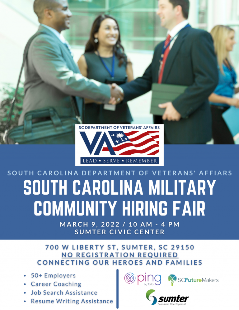 The South Carolina Department of Veterans’ Affairs  has partnered with Ping by Tallo, SC Future Makers, and Sumter Economic Development to host the first South Carolina Military Community Hiring image